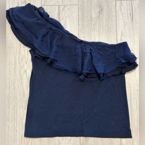 CH CAROLINA HERRERA Navy Blue One Shoulder Sleeveless Ruffle Top Size Medium - Picture 2 of 8